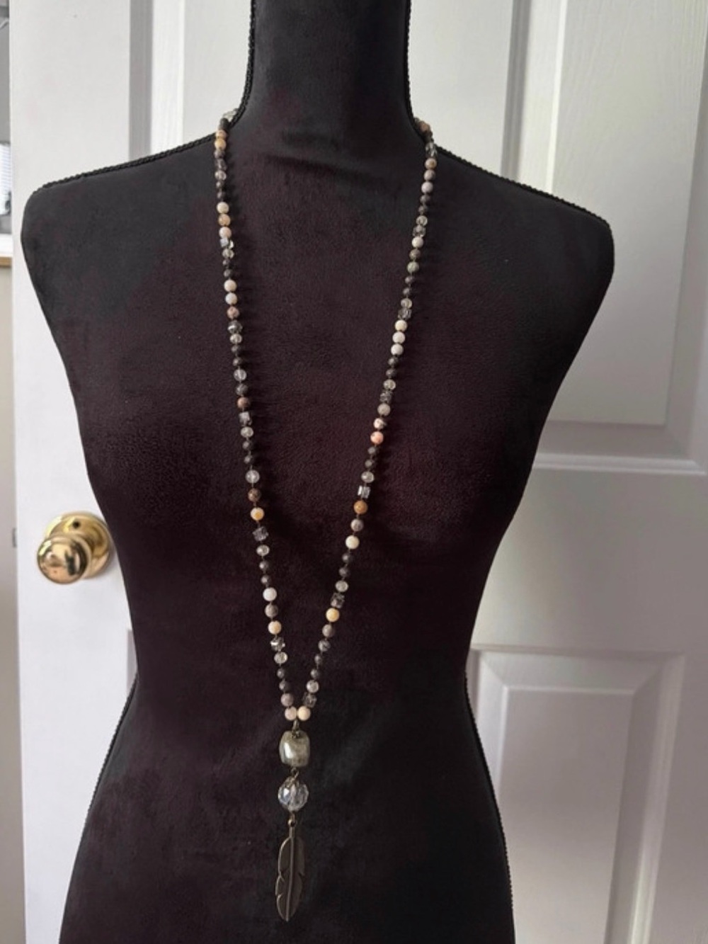 Long Beaded Feather Pendant Necklace - Neutral Beads